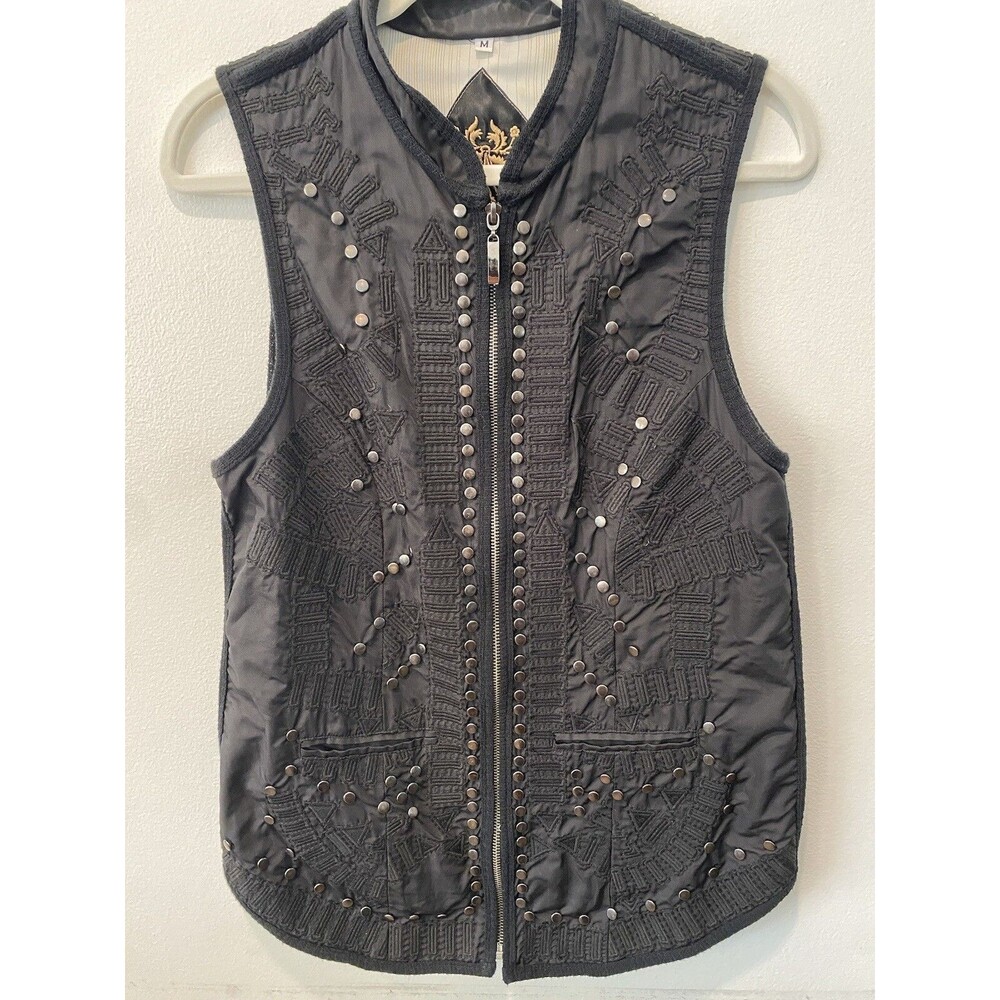Johnny Was Biya Studded Zip Vest with Silver Chain Embroidery Sz M Boho Grunge